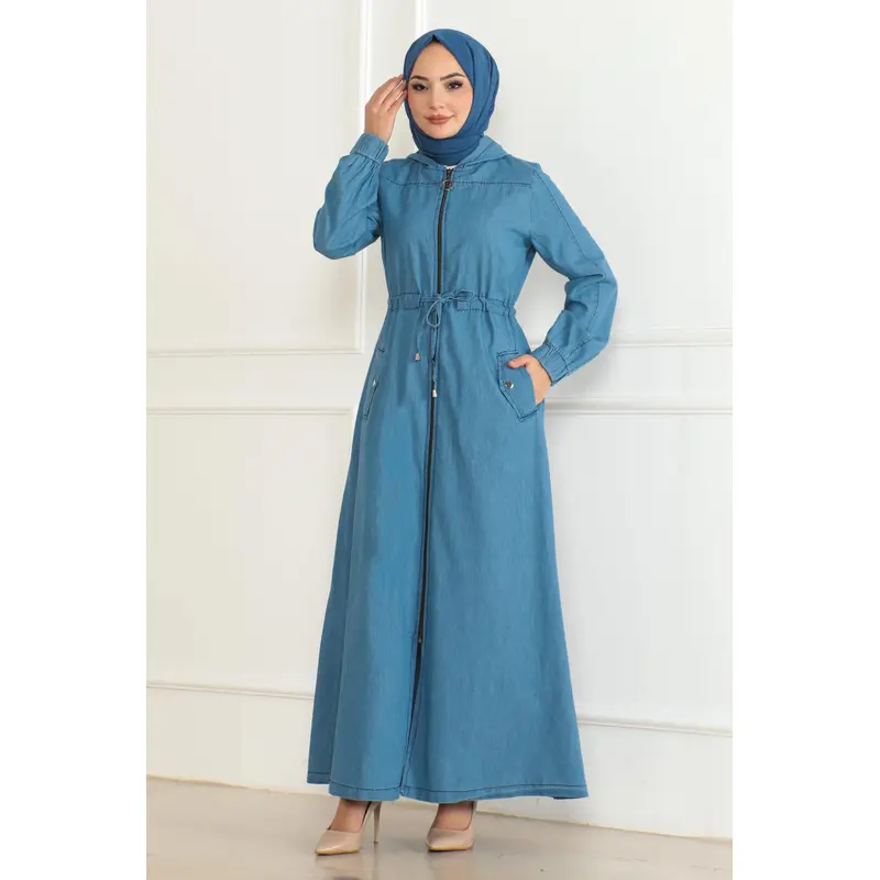 Tied Waist Denim Abaya Light Blue 19226