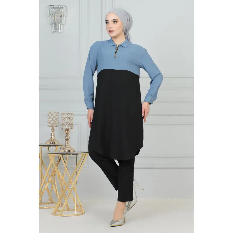 Zipper Detailed Tunic Ice Blue 6098