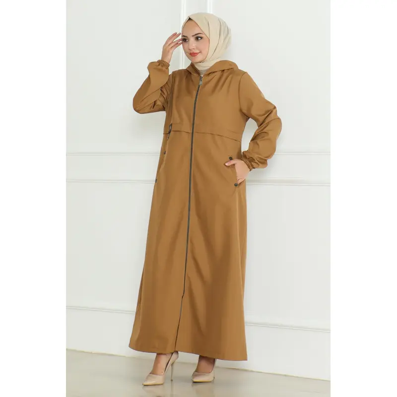Embroidered Zippered Trench Coat Tan 19217