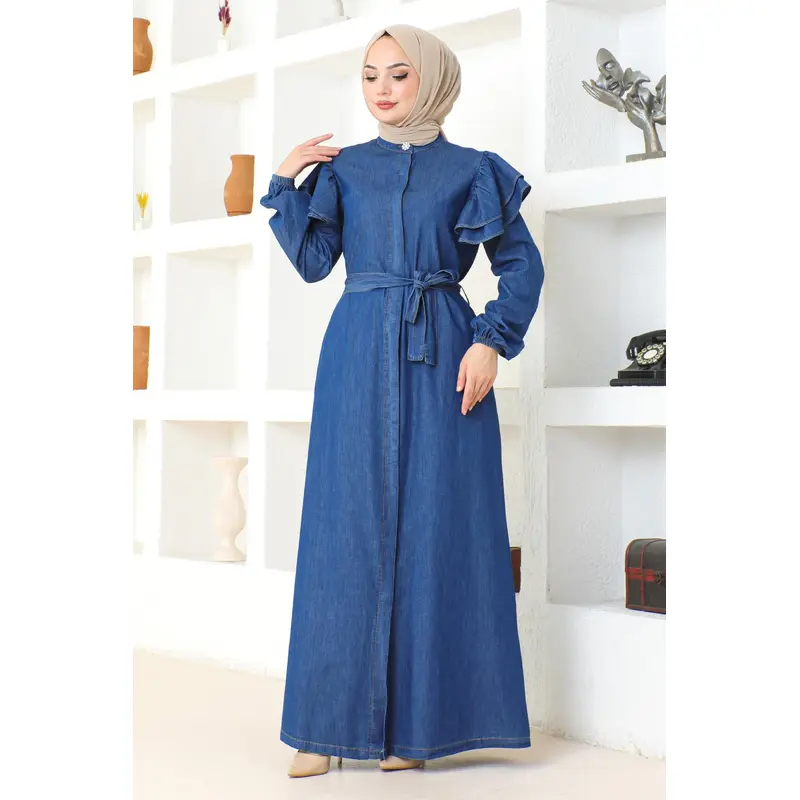 Frilled Shoulder Buttoned Abaya Dark Blue 19204