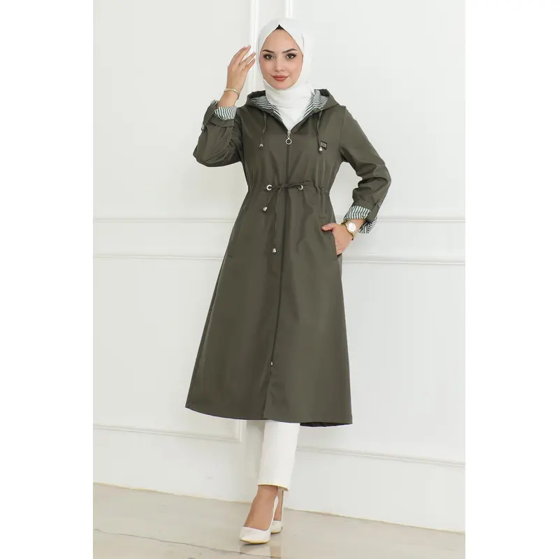 Hooded Zippered Trench Coat Khaki 19205