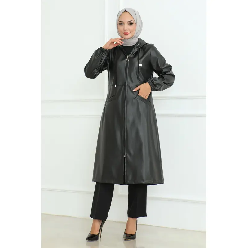 Leather Detailed Coat Black 19213