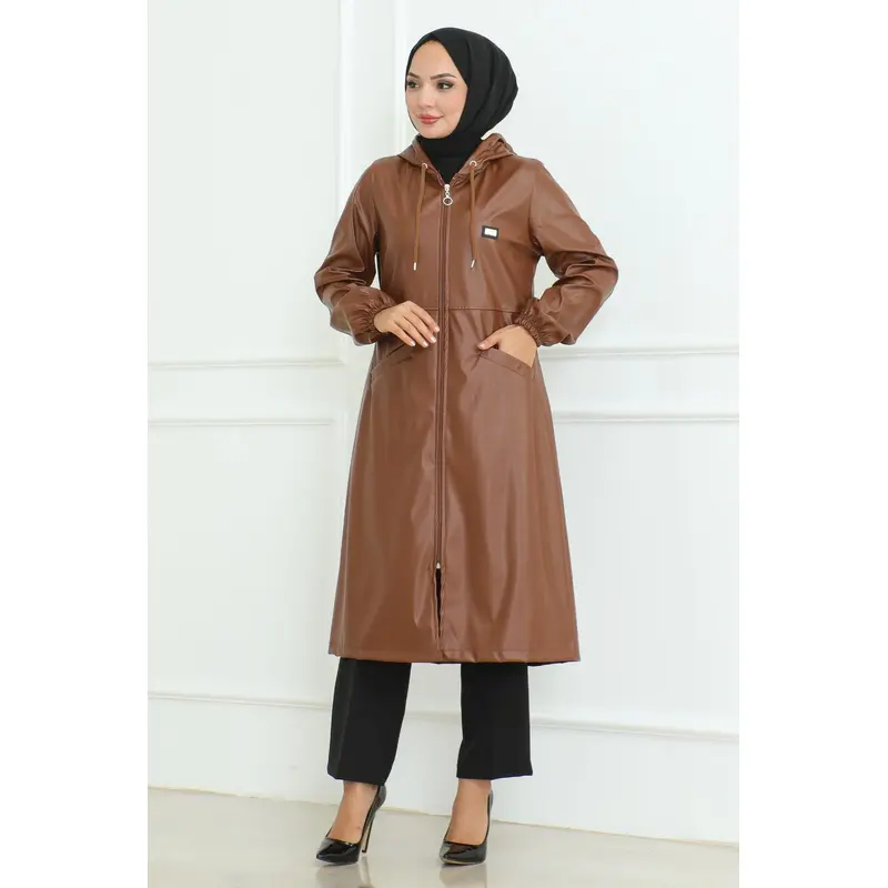 Leather Detailed Coat Tan 19213