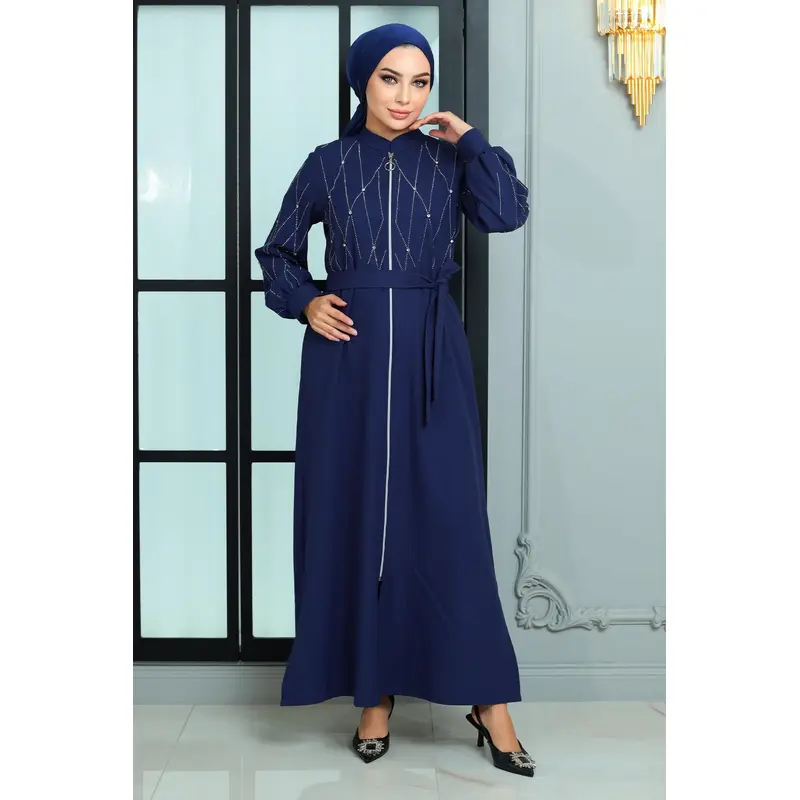 Stone Detailed Abaya Indigo 19161