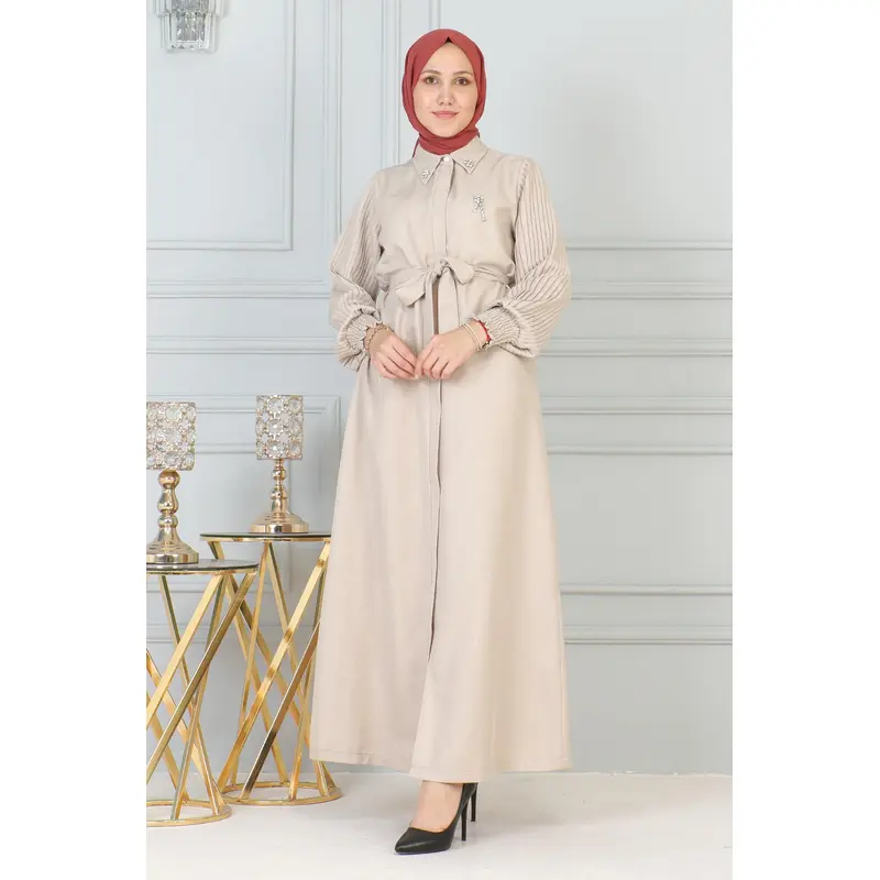 Stone Detailed Zippered Abaya Beige 19208