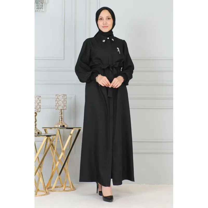 Stone Detailed Zippered Abaya Black 19208