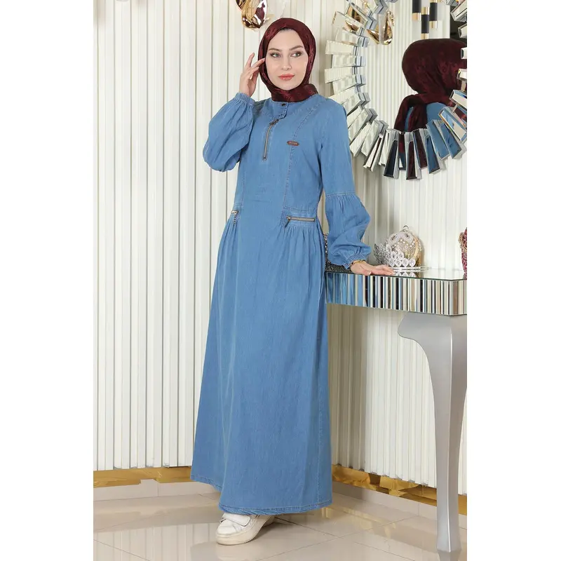 Zipper Detailed Denim Dress Light Blue 19138