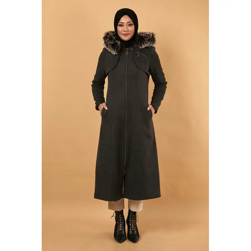 Zippered Hooded Cashmere Coat Anthracite 12265