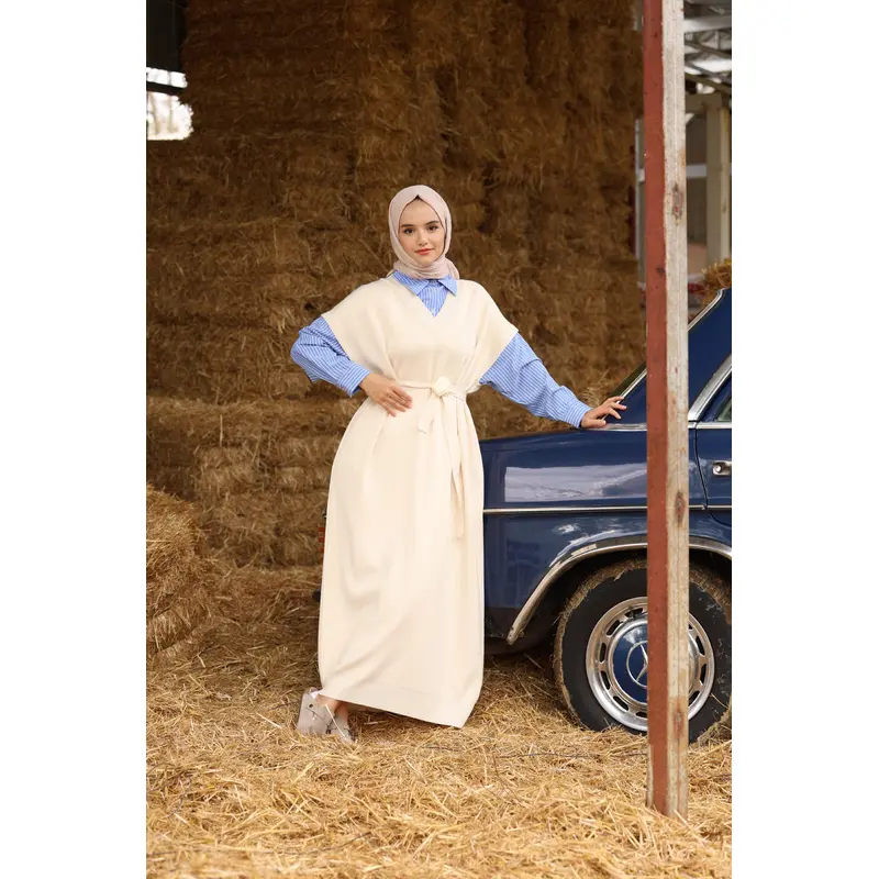 24001 Women's Shirt Garnish Knit Dress Ecru