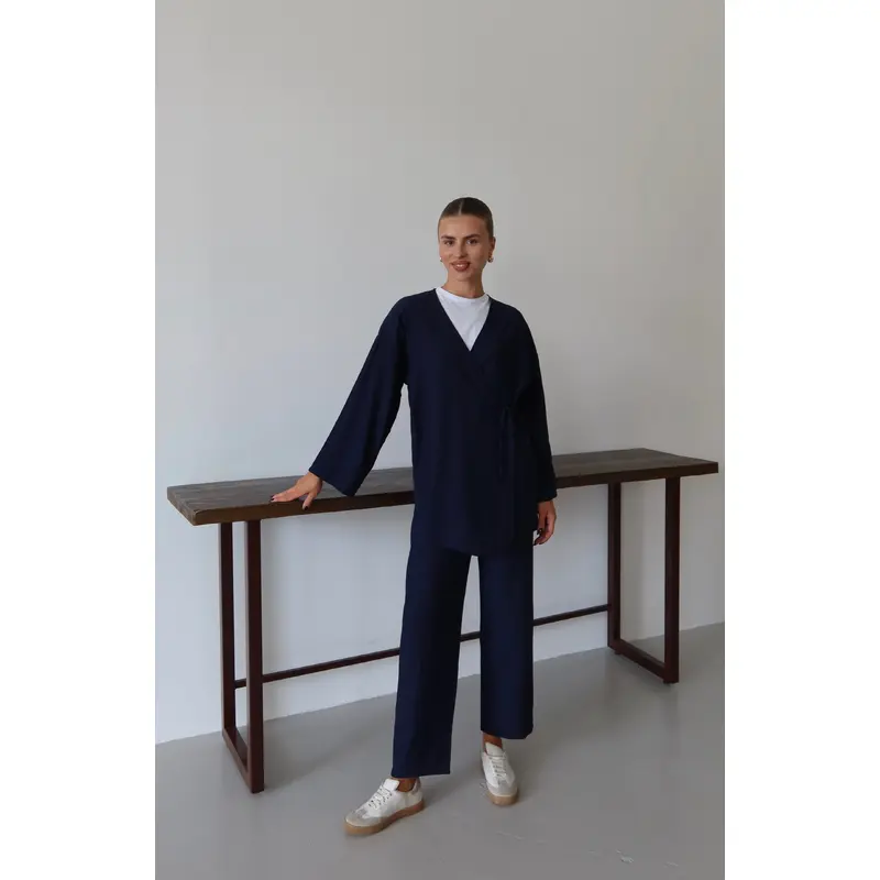 25041 Crinkle Textured Kimono Suit Navy Blue