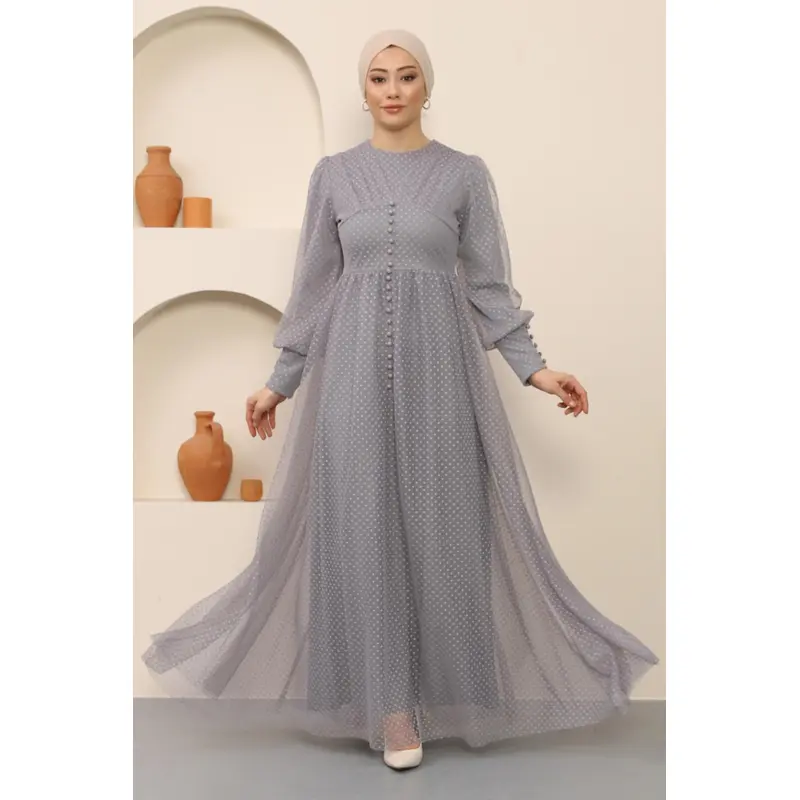 Button Detailed Tulle Evening Dress Gray 12237