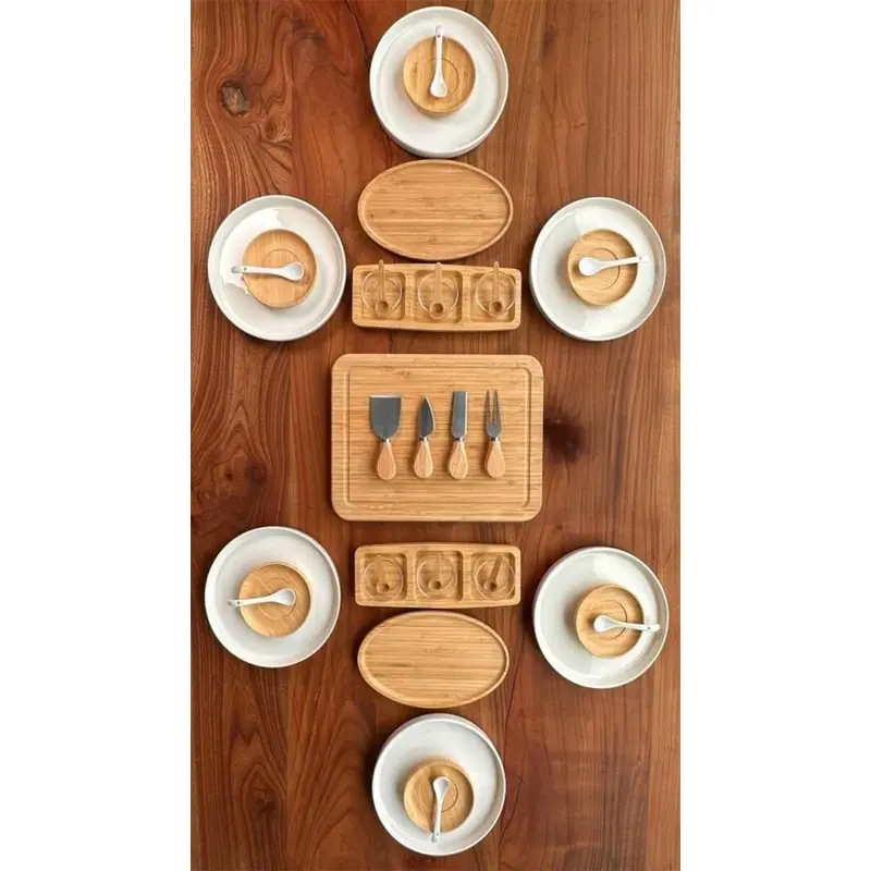 Atbyhome 6 Person 39 Piece Ceramic - Bamboo Breakfast Set - Luxury Breakfast Serving Set