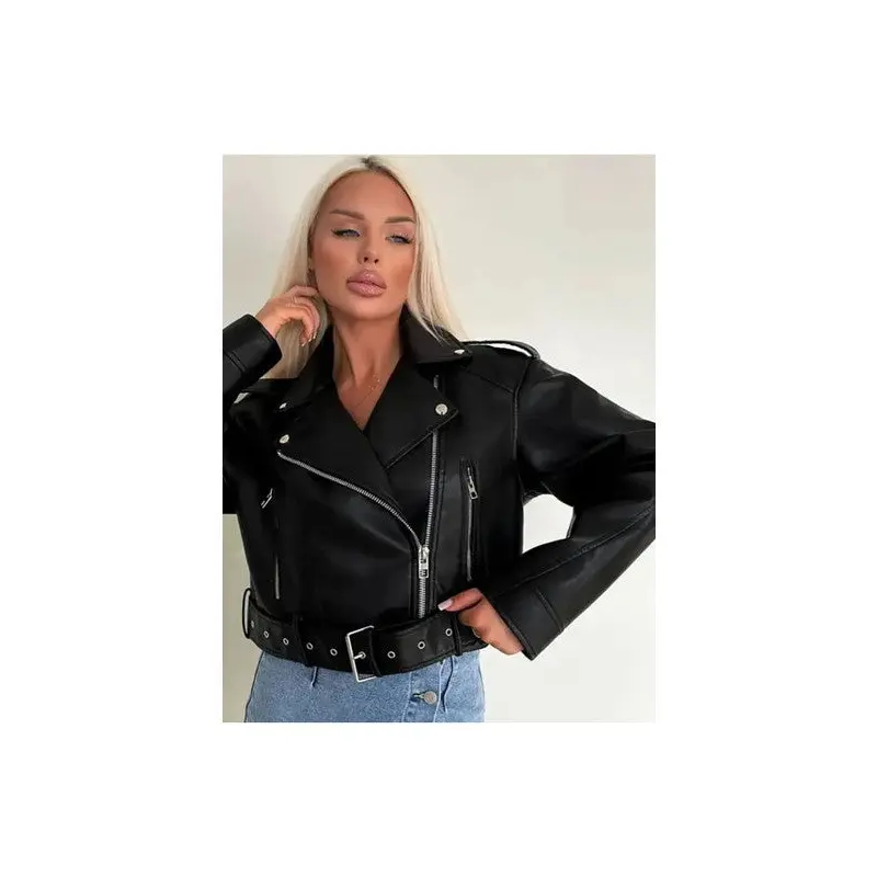New Season Belted Oversize Leather Biker Jacket