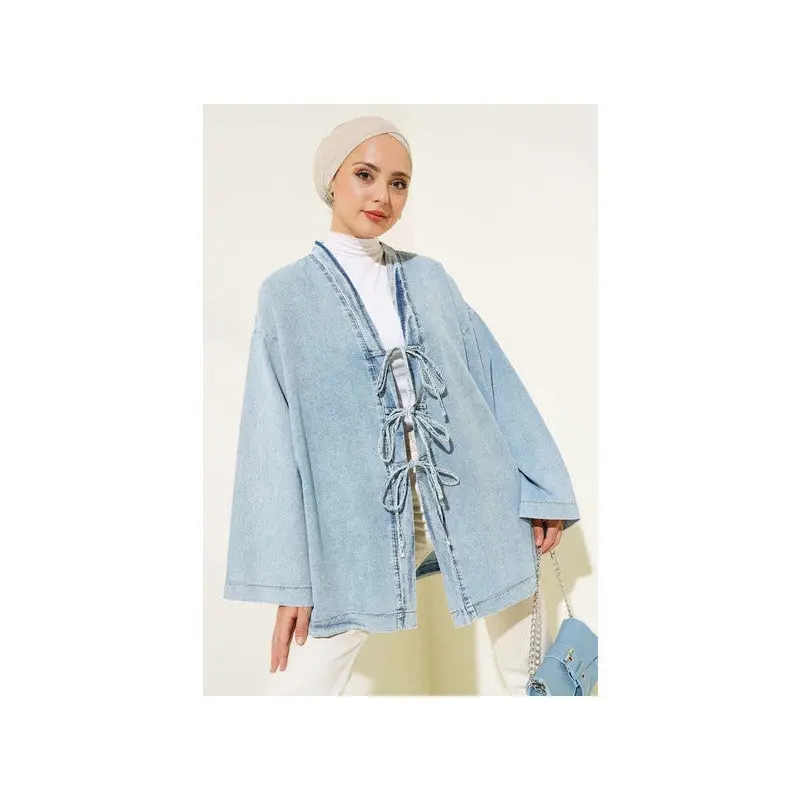 Front Rope Tie Denim Kimono Ice Blue