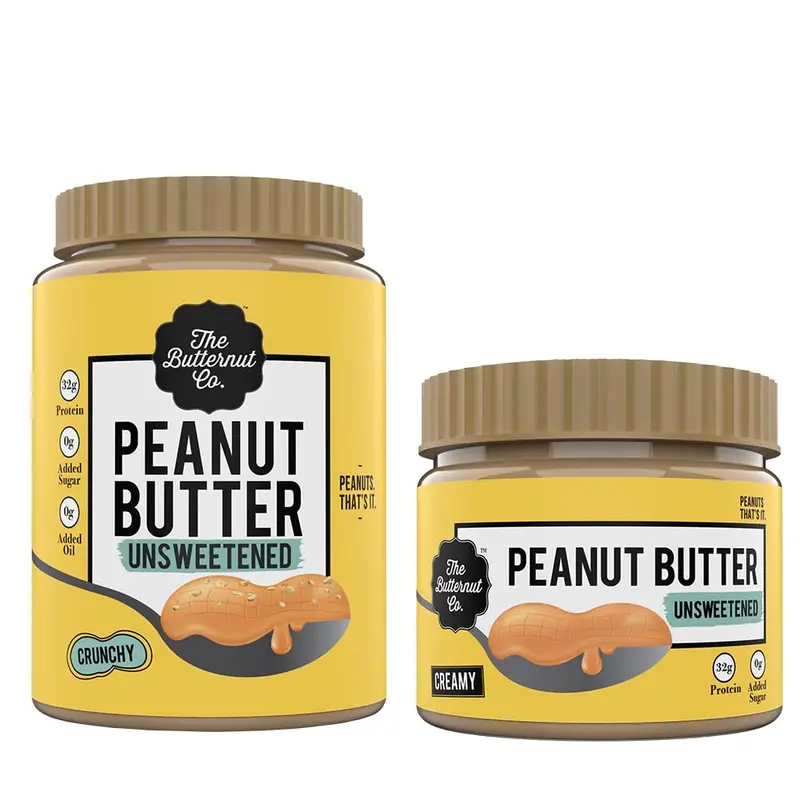 The Butternut Co. Natural Peanut Butter (Crunchy) 1kg & Natural Peanut Butter (Creamy) 340g, Unsweetened, 32g Protein, No Added Sugar, 100% Peanuts, No Salt, High Protein Peanut Butter