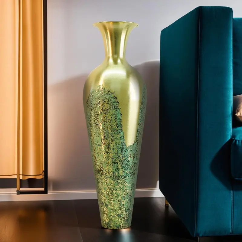 Ekhasa Tall Big Metallic Flower Vase for Home Decor | Abstract Long Flower Vase Gift for Weddings, Housewarming | Large Sofa Side Metal Vase for Living Room, Office, Bed Corner (Green & Gold)