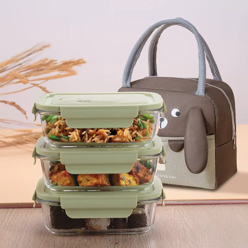 Combo: Glass Lunch Box Set of 3 - Microwave Safe, Airtight | Insulated Bunny Print Lunch Bag | 680ml Each | Green