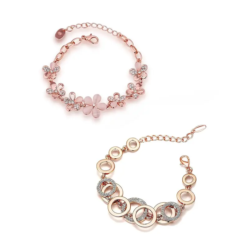 Combo: Yellow Chimes Floral & Crystal Studded Bracelets | 2 Pcs | Rose Gold | Multicolor