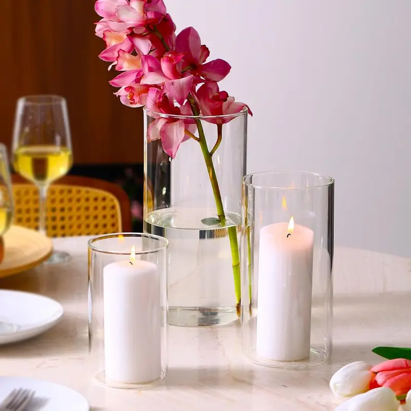 Ekhasa Cylindrical Glass Vase Set | Transparent Glass Flower Vases for Home Decor & Water Plants | Glass Candle Holder | Glass Jar for Indoor Bamboo, Money Plants, Etc. (Set of 3-8,6,4 Inch)