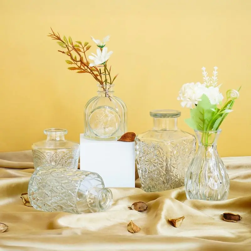 Ekhasa White Glass Bud Vases Flower Pots for Home Decoration (Set of 5) | Center Table Mini Decorative Items | Transparent Glass Vase for Water Plants | Glass Planters for Indoor Plants