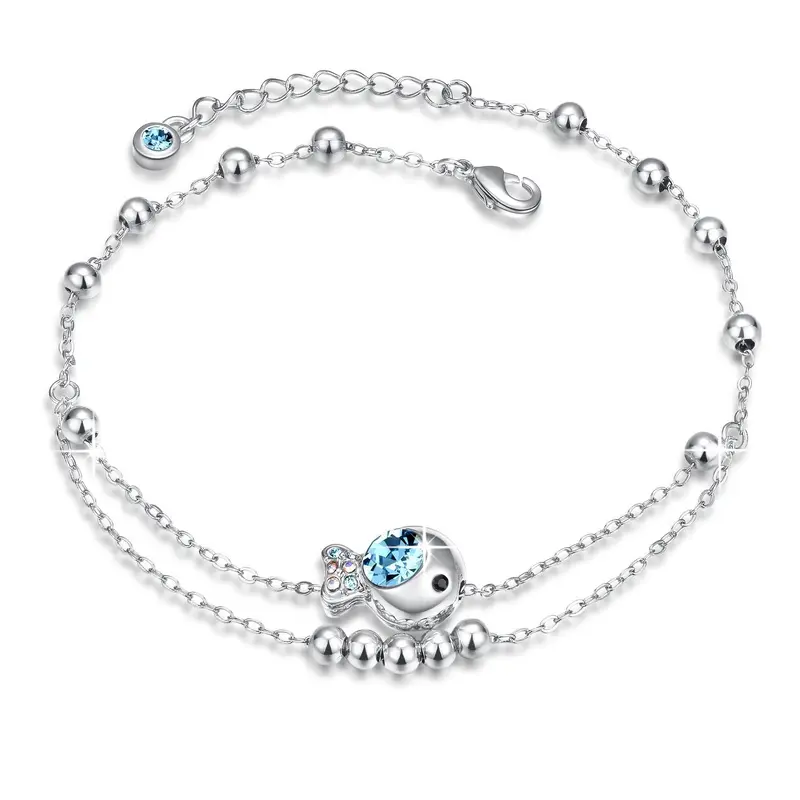 Yellow Chimes: Silver Toned Bubbling Fish Anklet with Swarovski Crystals | 20 cm Adjustable | Blue