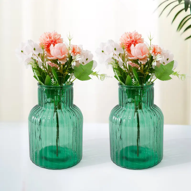 UMAI Glass Vase for Home Decor (2Pcs- 20cm) |Center Table Decorative Items| Flower Vases For Home Decor| Dining Table Decorative Items| Transparent Flower Vase For Living Room, Office, Bookshelf-Green