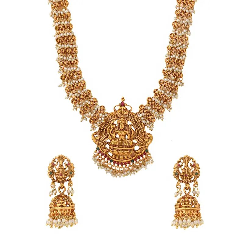 Yellow Chimes Women's Temple Traditional Gold Plated Hanging Pearls Choker Necklace Set