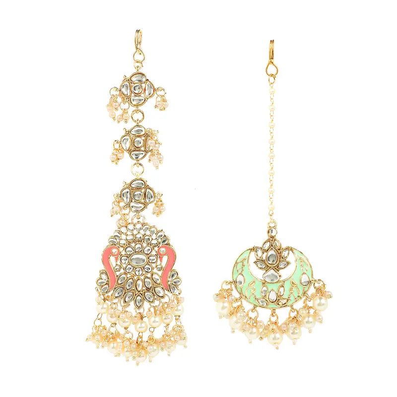 2 Pcs: Traditional Gold Plated Kundan Maang Tikka | Floral Design | 15 - 15.5 cm | Gold