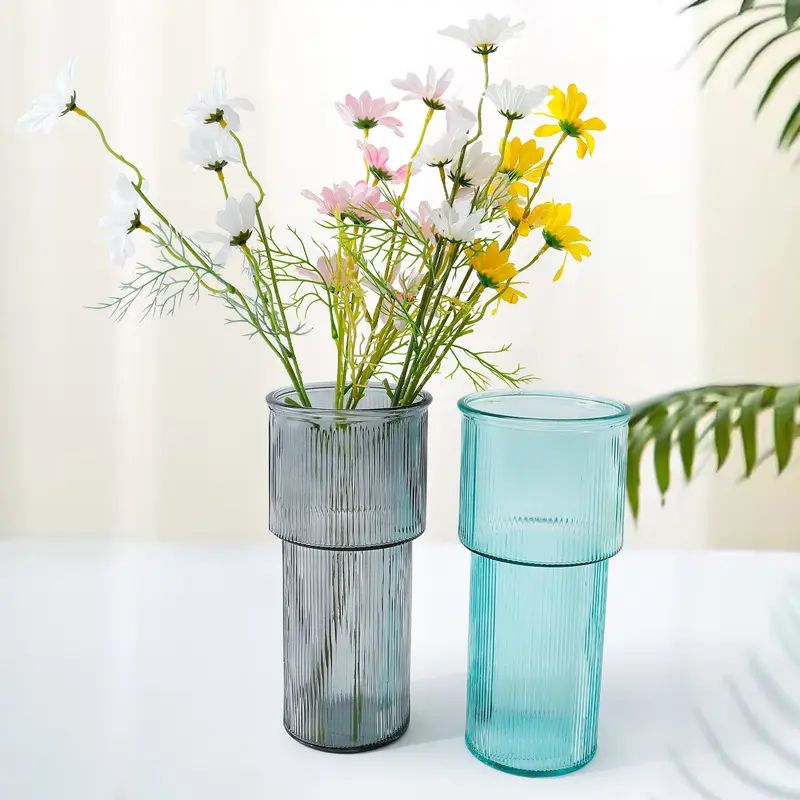 UMAI Glass Vase for Home Decor (2Pcs- 24cm) |Center Table Decorative Items| Flower Vases for Home Decor| Dining Table Decorative Items| Flower Vase for Living Room, Office, Bookshelf- Grey & Green