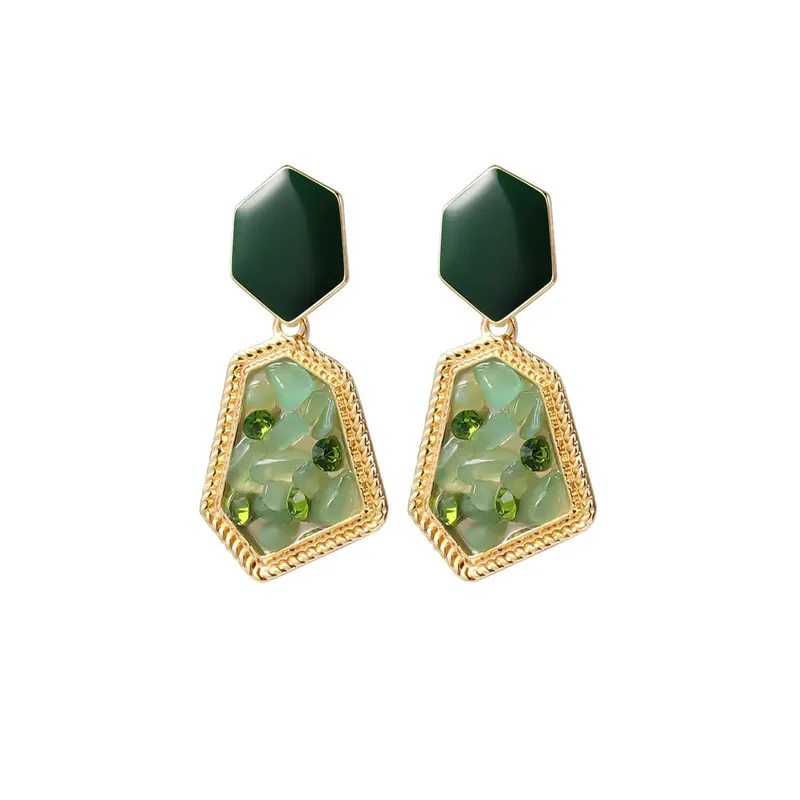 Yellow Chimes: Drop Earrings with Green Stone Studded Design | 2 Units | Gold Tone | Geometric