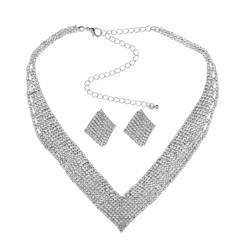 Yellow Chimes: White Crystal Choker Necklace Set with Earrings | 48.5 cm | Silver Toned