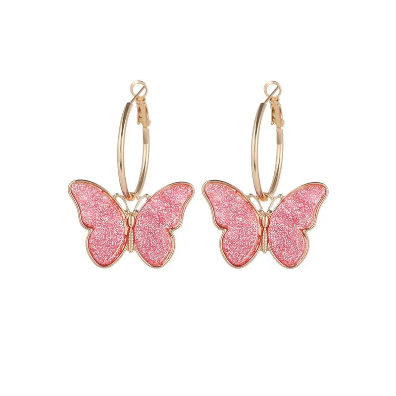 Yellow Chimes: Drop Earrings with Gold Plated Pink Butterflies | 5cm | Pink