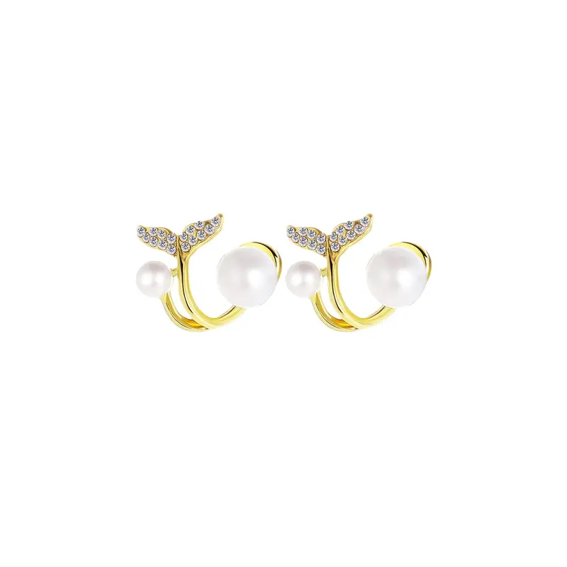 Yellow Chimes: Gold Toned Fish Tail Pearl Stud Earrings | 1.5 cm x 2 cm | Cute Design | For Women & Girls