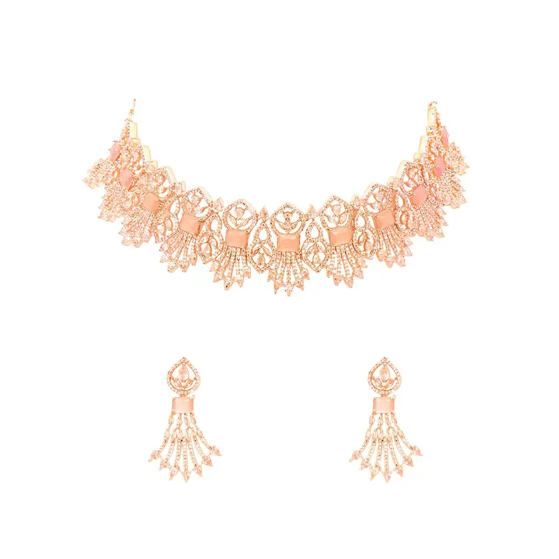 Yellow Chimes: Rose Gold American Diamond Necklace Set with Earrings | Adjustable | Elegant Design