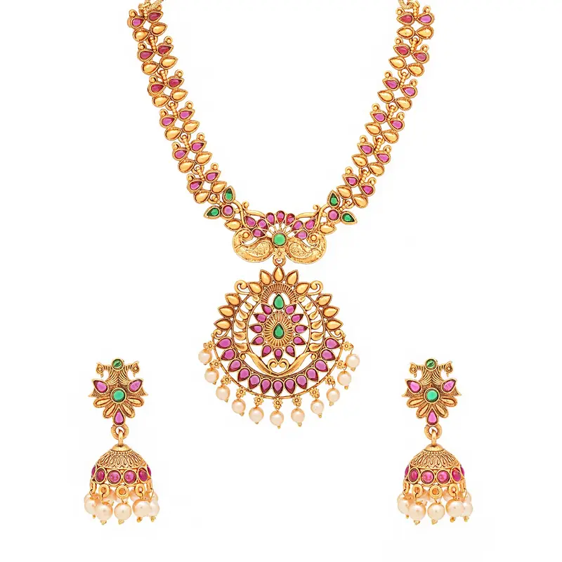Yellow Chimes Women's Temple Traditional Gold Plated Studded Stone Antique Jewellery Necklace Set