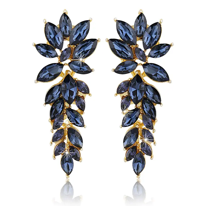 (Exclusive Crystal Collection) One Size: Leafy Shaped Blue Crystal Drop Earrings | Gold Plated Alloy | Dark Blue