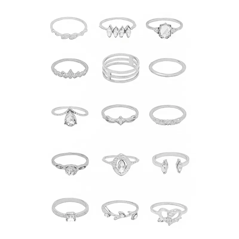 Yellow Chimes: Silver Tone Multi Designed Stack Rings for Women | Size: 7 | Perfect Gift