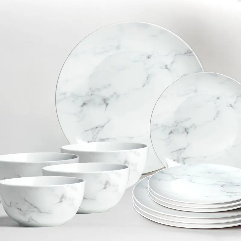 12 pcs Marble Look Dinner Set: Premium Stoneware Tableware | White | Aesthetic Service Set for 4