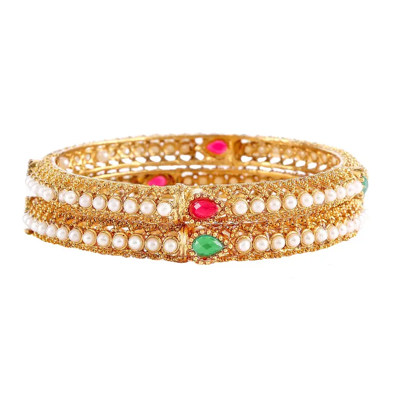 2 Pc Traditional Moti Bangle Set: Gold Plated with Intricate Design | Size: 2.6 | For Women & Girls