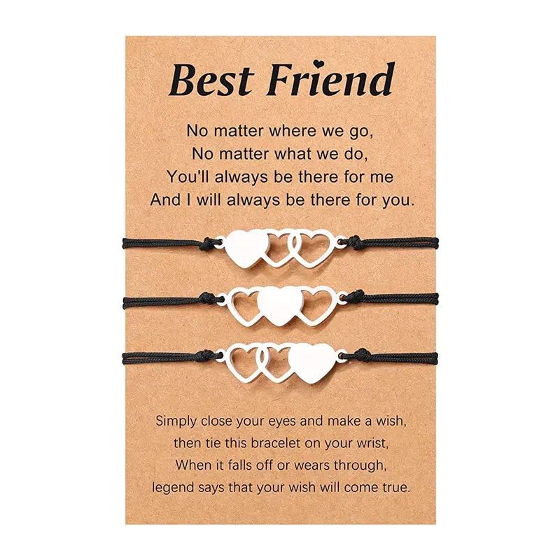 3 Pcs Heart Shaped Friendship Bracelets for Best Friends | Adjustable | Black
