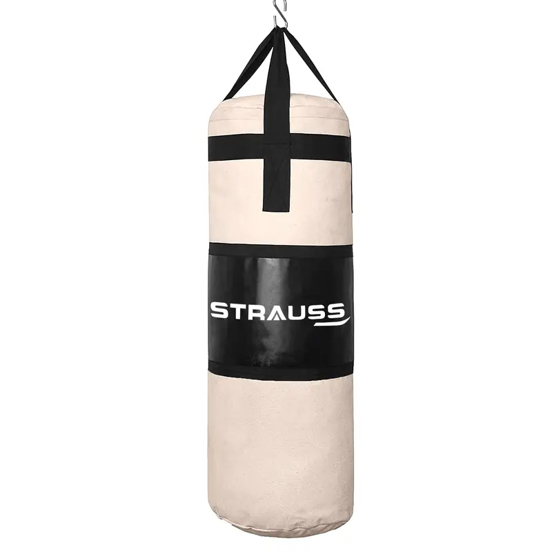 3 Feet Strauss Canvas Heavy Duty Gym Punching Bag | Cream/Red | Includes S Hook & Zippered Top