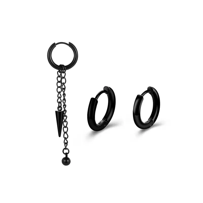 3 Pcs Stainless Steel Dangler Huggie Hoop Earrings for Men | Black | Lightweight Accessories