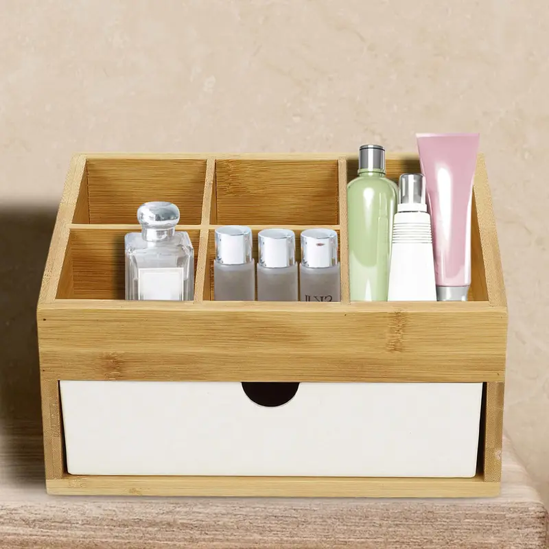 2-Tiered Bamboo Organizer with 5 Compartments & Pull-Out Drawer | 13.5 Cm (H) x 24 Cm (W) x 16 Cm (D) | Natural & White