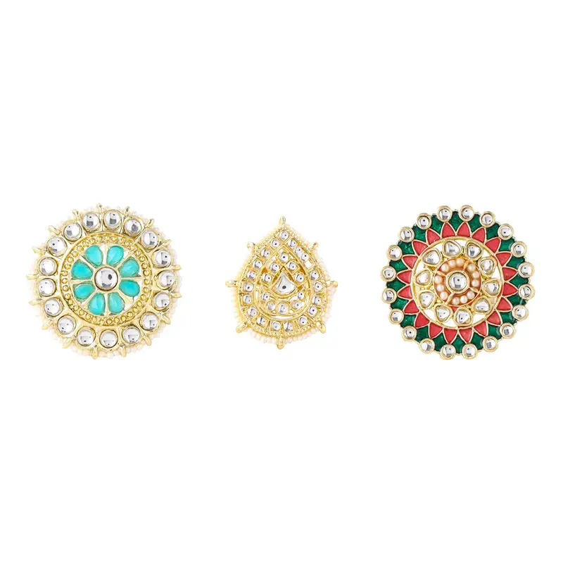 3 Pcs Set: Adjustable Kundan Studded Rings | Floral Design | Multicolor