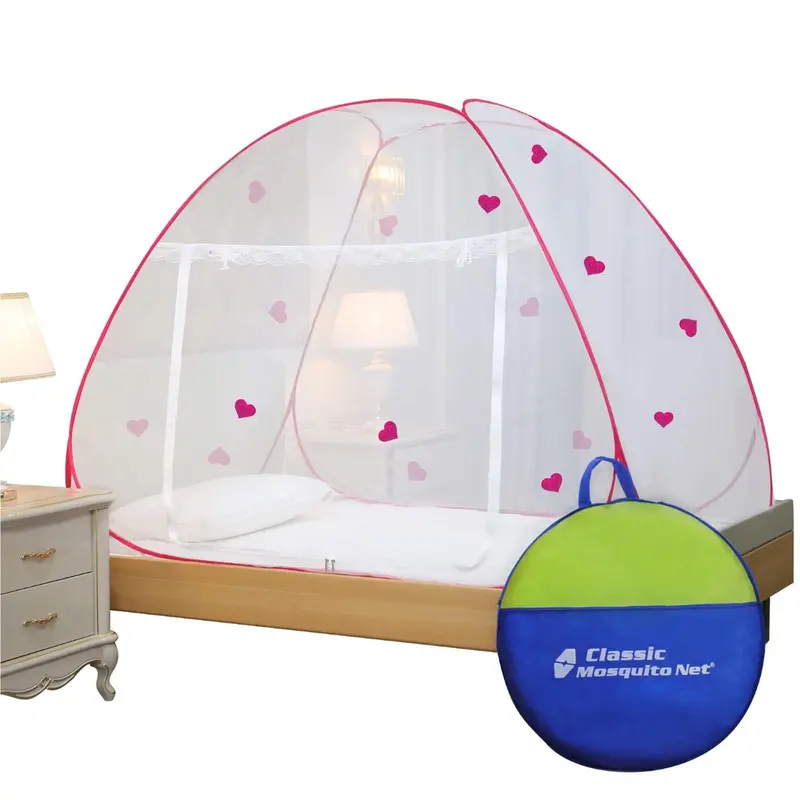 Classic Mosquito Net: Pink Heart Foldable Machardani | 200x120x130 cm | Includes Storage Bag