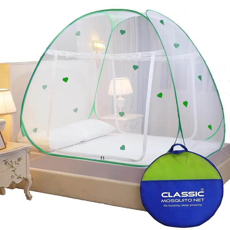 King Size Double Bed Classic Mosquito Net - Heart Design | Green | Foldable