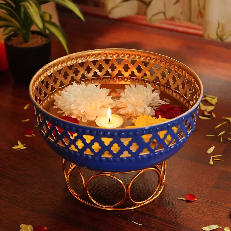 Ekhasa Decorative Bowl: Green Iron Urli with Stand for Festivals | Medium