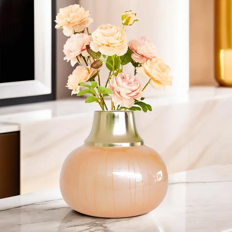 Ekhasa Unbreakable Peach Fuzz Enamel Flower Vase for Home Decor | Aesthetic Vase Gift for Wedding, Housewarming, Parties | Decorative Metal Vase with Vertical Lines for Living Room, Table, Office