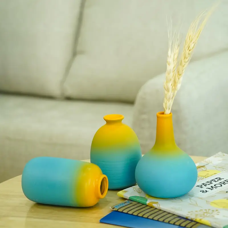Combo: Set of 3 Blue Ceramic Bud Vases for Home Decor | Mini Design | Smooth Finish