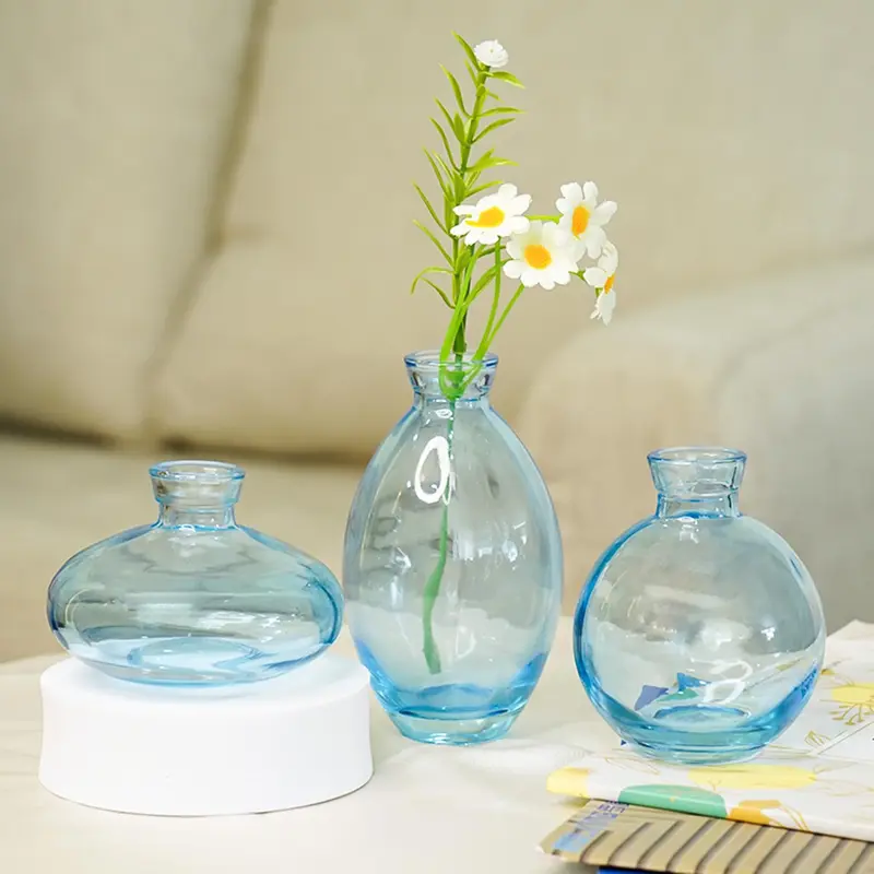 Crystal Blue Glass Bud Vases Set of 3: Mini Decorative Items | Transparent | Tabletop